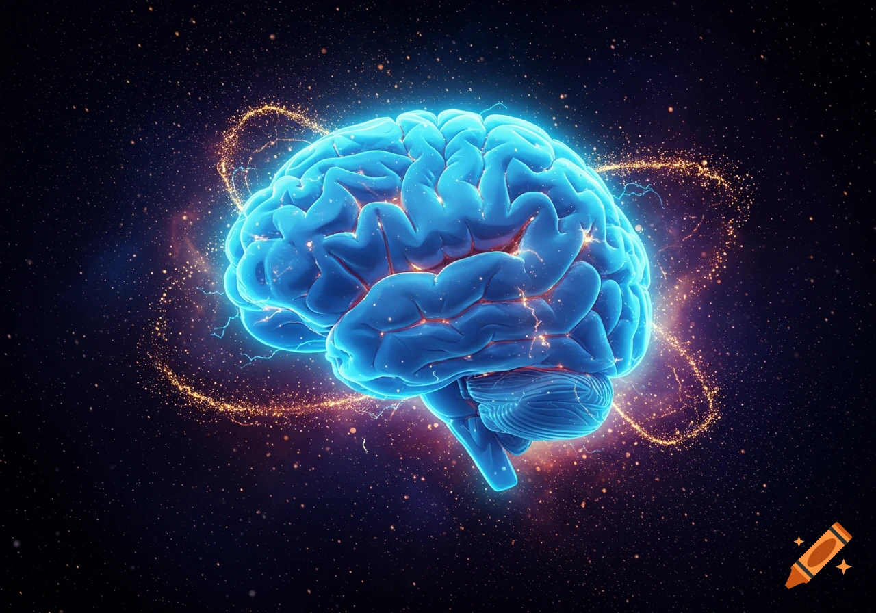 A glowing blue brain surrounded by golden light and electrical arcs against a dark, starry background.