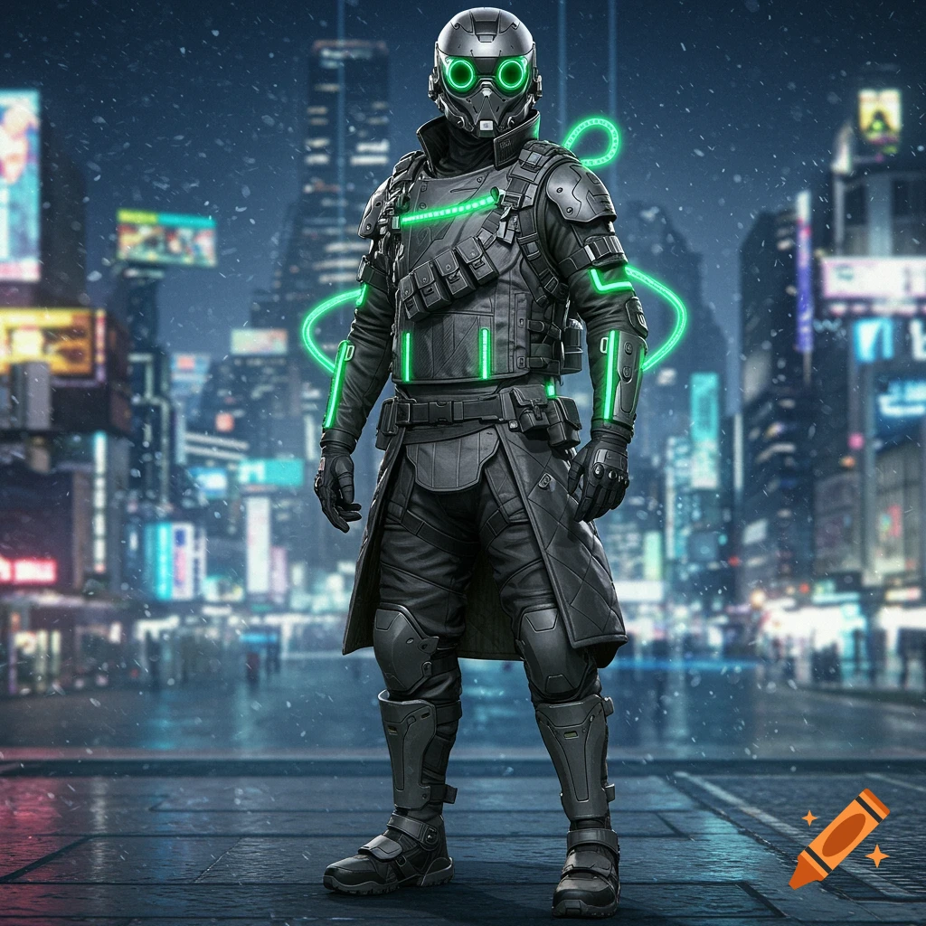 A futuristic character in dark grey and neon green armor with a high-tech helmet stands in a rainy, neon-lit city at night.