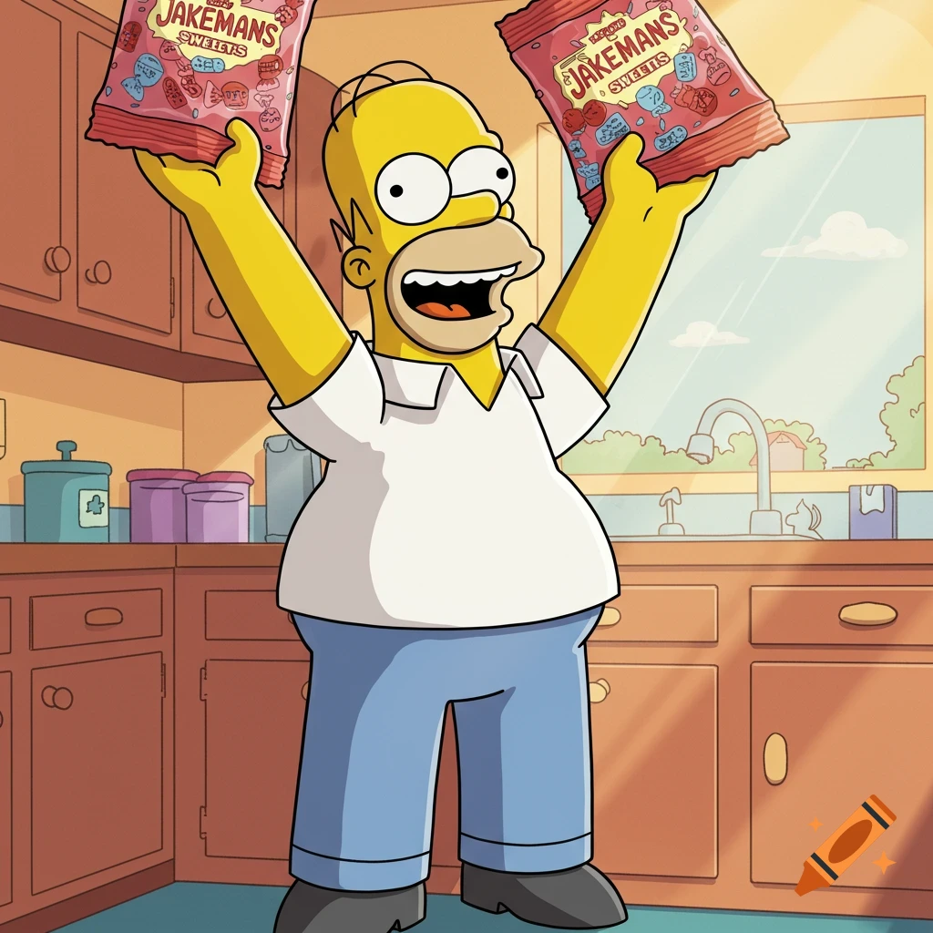 Homer Simpson in his kitchen, smiling and holding two bags of Jakemans sweets above his head, cartoon style.