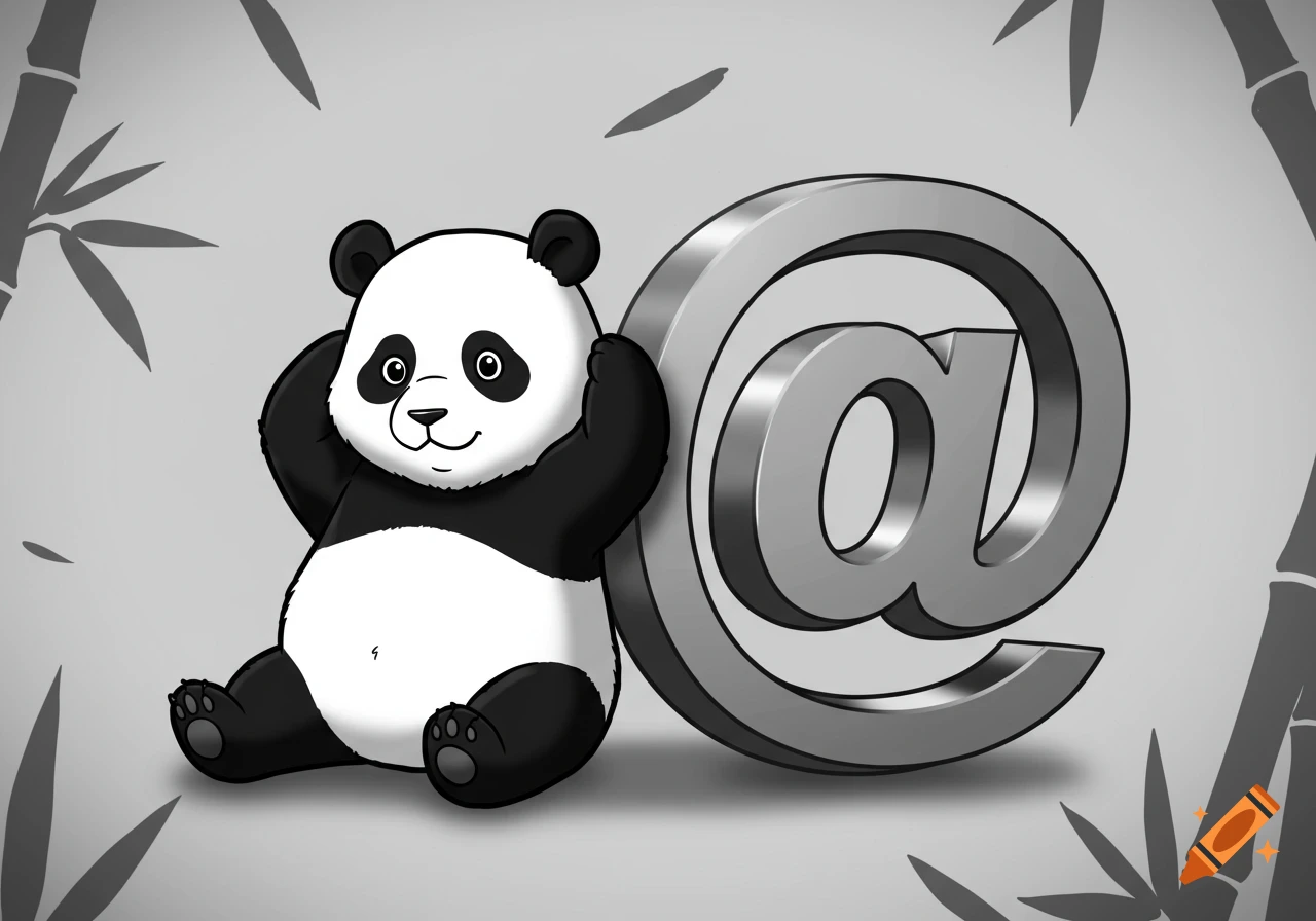 A black and white cartoon panda leaning against a large @ symbol.