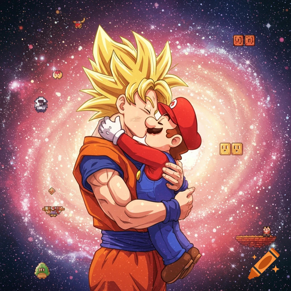 Goku from Dragon Ball Z and Mario from Super Mario Bros. kissing in a vibrant galaxy filled with pixelated game elements.