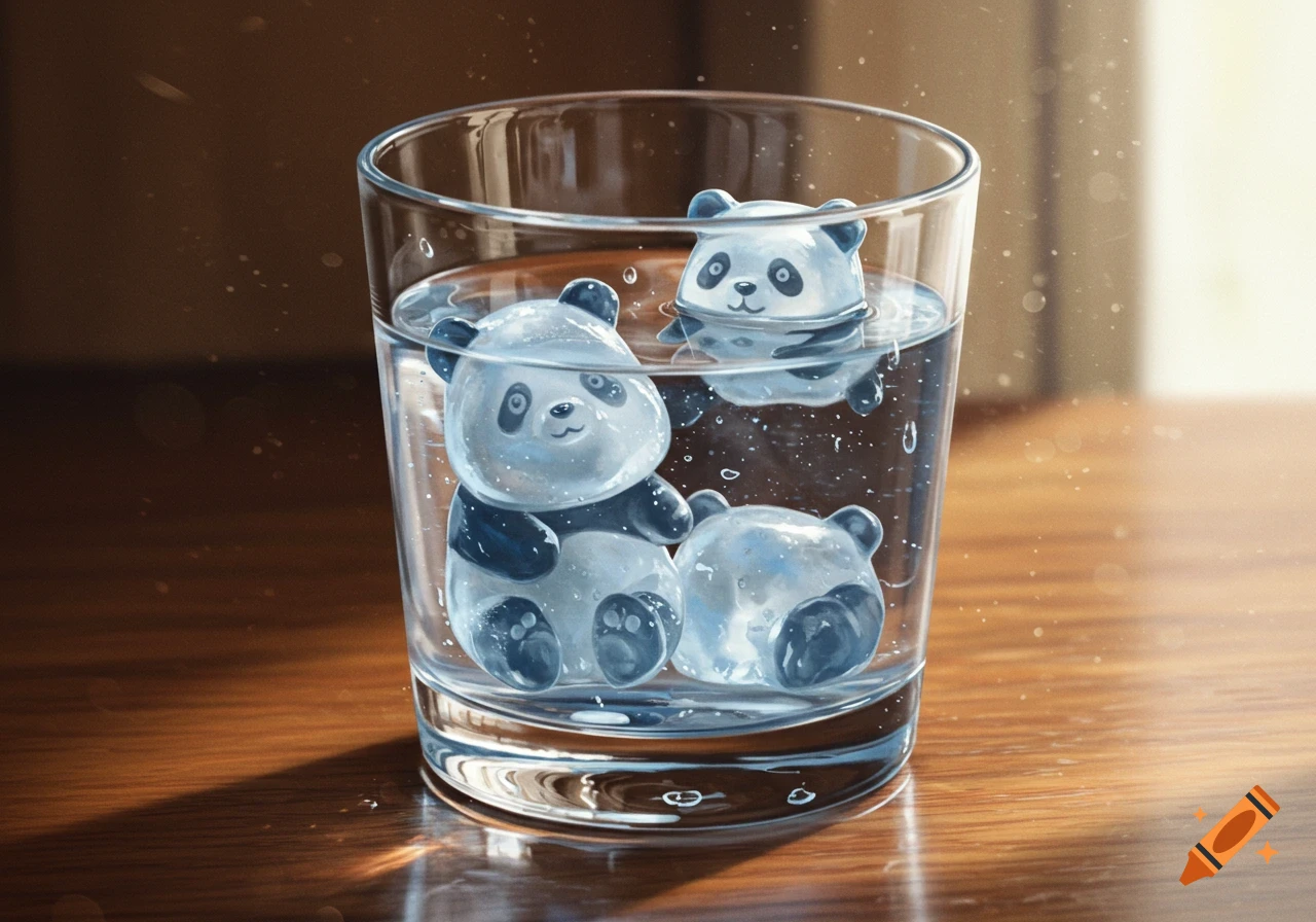 Illustrated close-up of a glass of water with three cute panda-shaped ice cubes on a wooden table, with one floating.