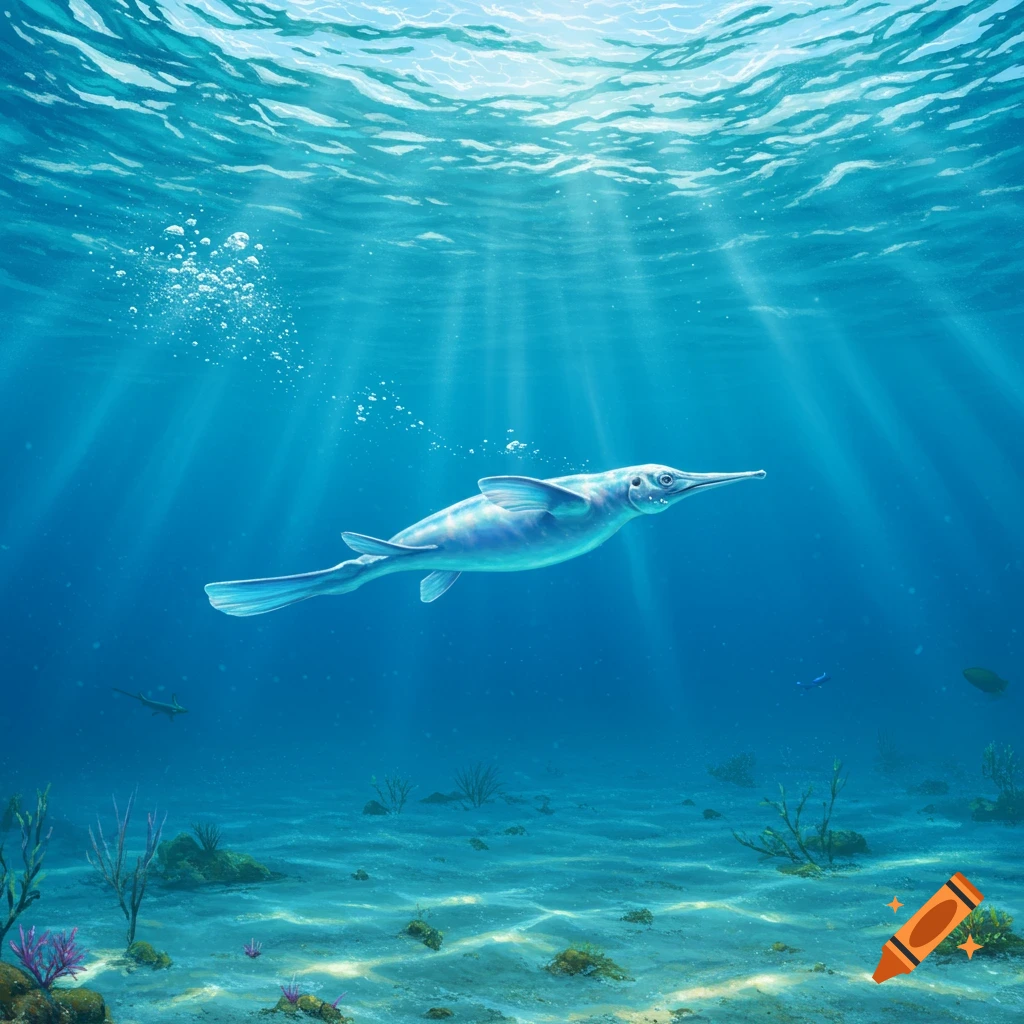 A long-snouted marine creature, a snork, swims through sunlit blue ocean water above a sandy seabed.