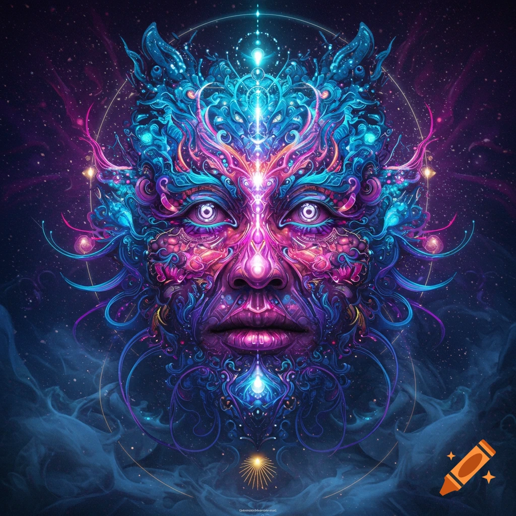 A vibrant, intricate psychedelic face in shades of blue, purple, and pink, with glowing patterns, set against a starry cosmic background.