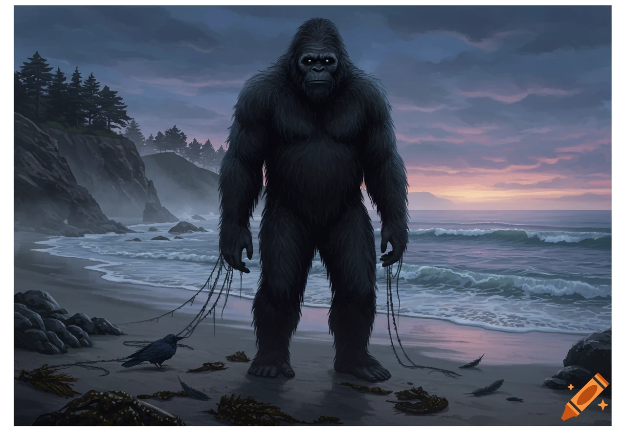 A dark, furry Bigfoot-like creature stands on a misty beach at dusk, with waves crashing and cliffs in the background. A crow is near its feet.