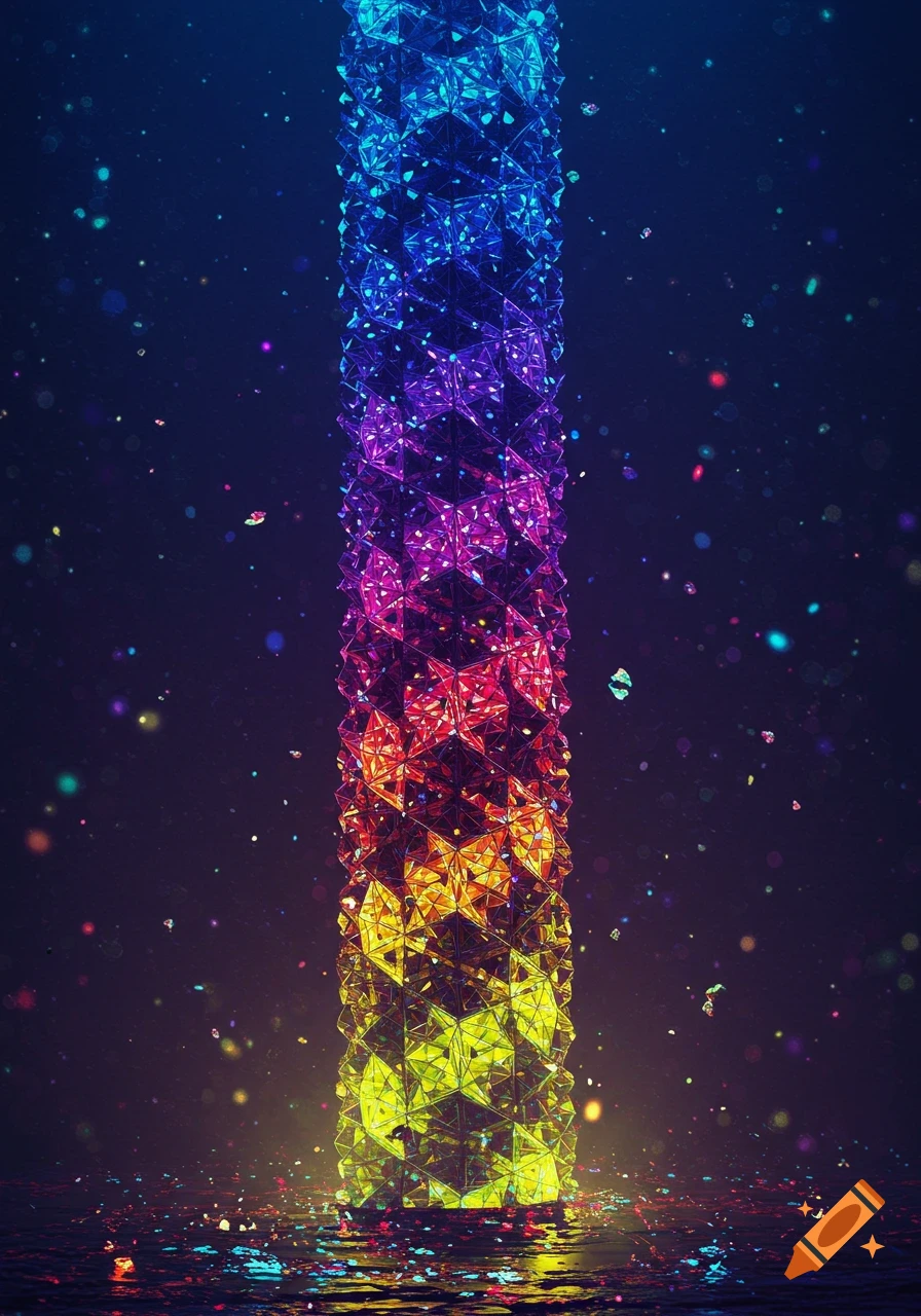 A vibrant, geometric pillar of light with a rainbow gradient from blue to yellow, surrounded by sparkling particles, standing in shimmering water.