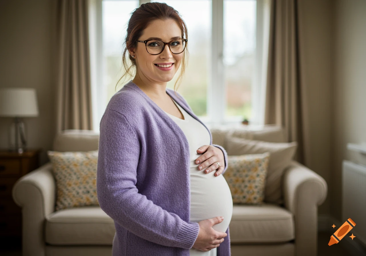 A smiling pregnant woman with glasses holds her belly while standing in a brightly lit living room.