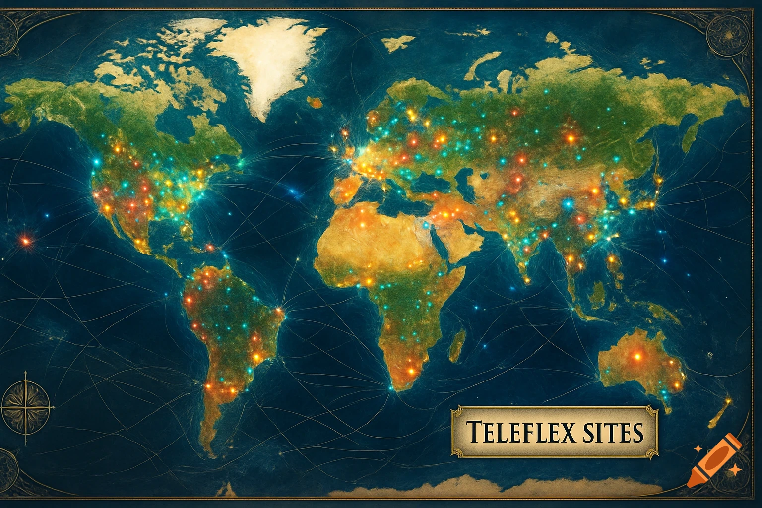 Stylized world map with glowing network sites labeled 'TELEFLEX SITES', featuring a compass rose and ornate borders.