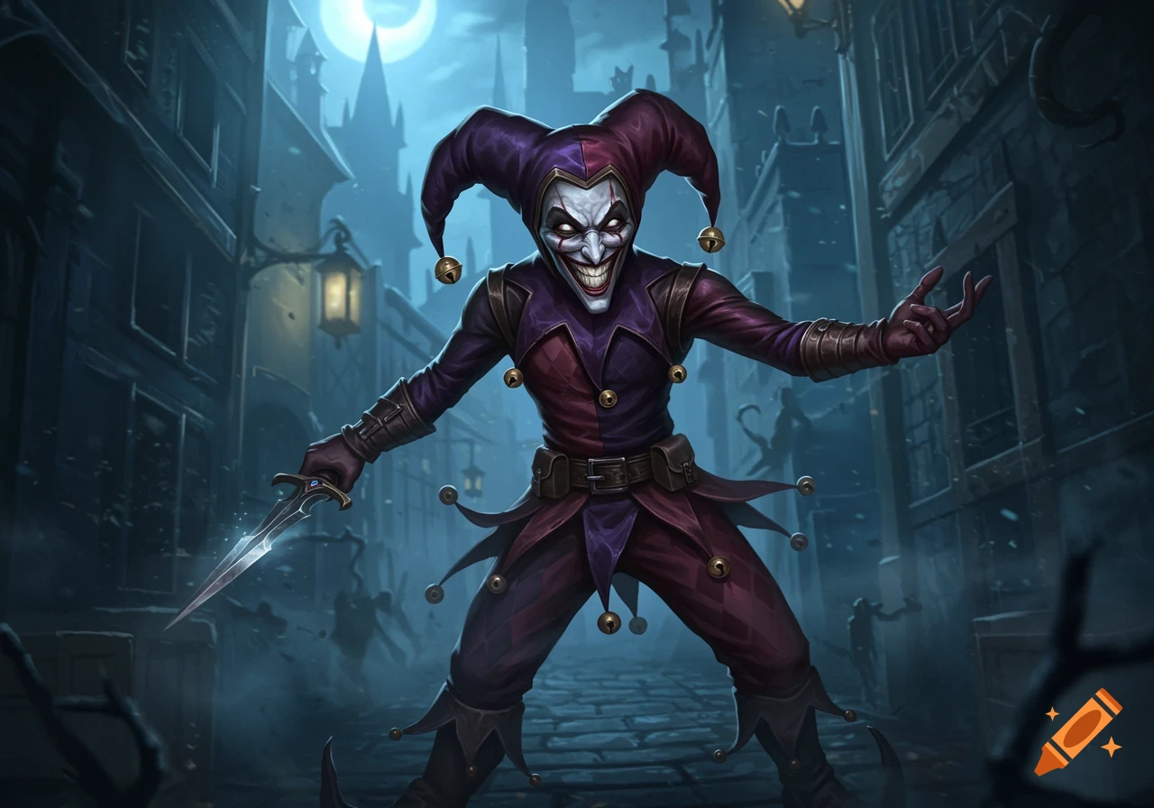 A sinister jester in purple and red, with a wide grin and a dagger, stands in a dark alley under a crescent moon.