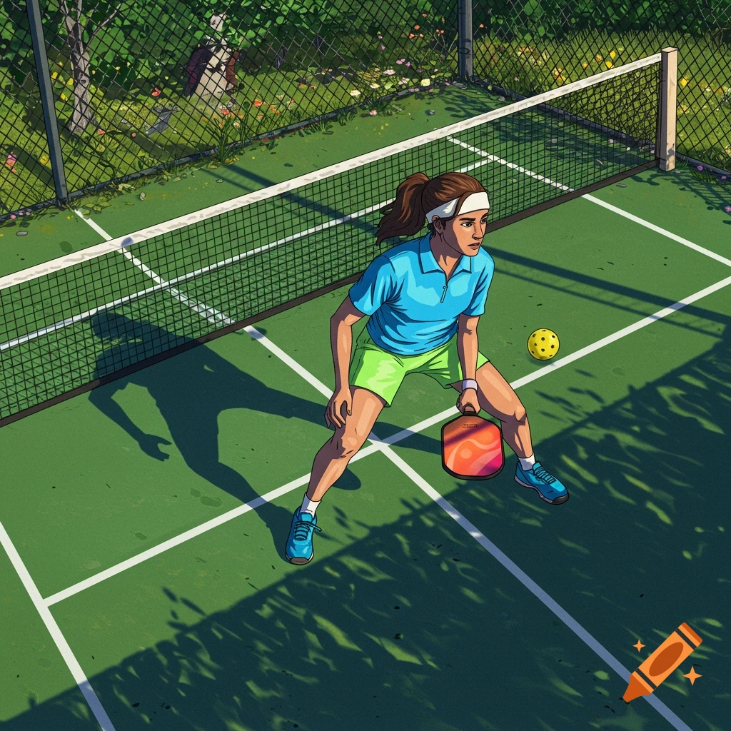A female pickleball player in a ready position holding a paddle on a green court, viewed from above, in an illustrated style.