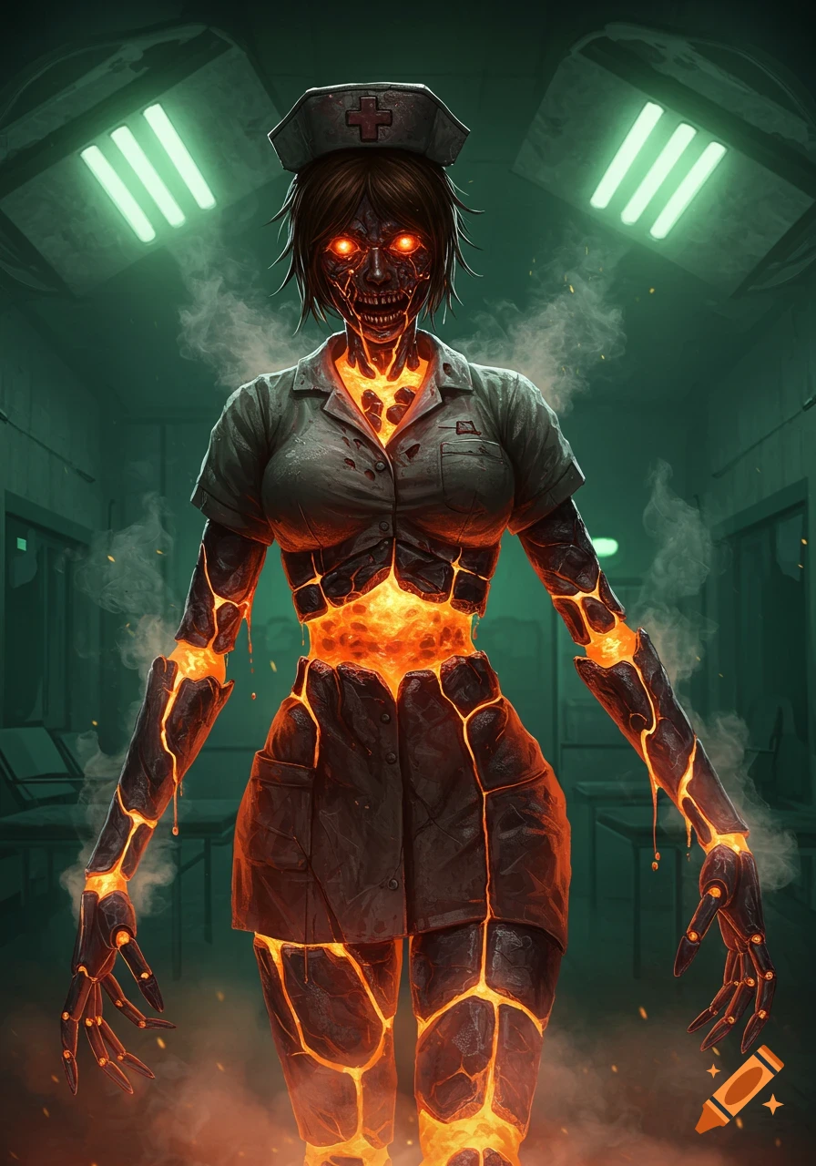 A monstrous nurse, with a cracked body revealing glowing lava underneath, stands in a dark hospital room.