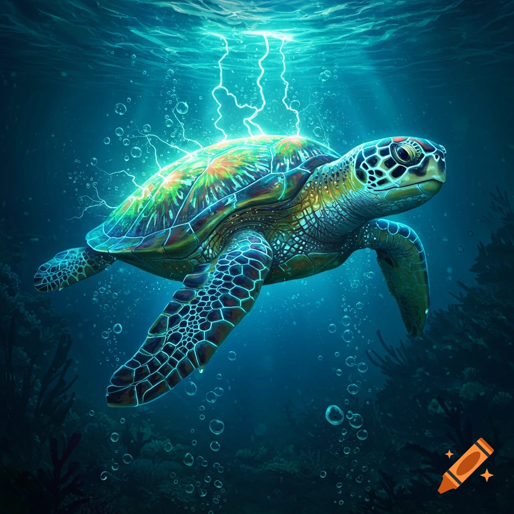 A vibrant, fantastical sea turtle with a glowing, electric shell swims underwater amidst rising bubbles.