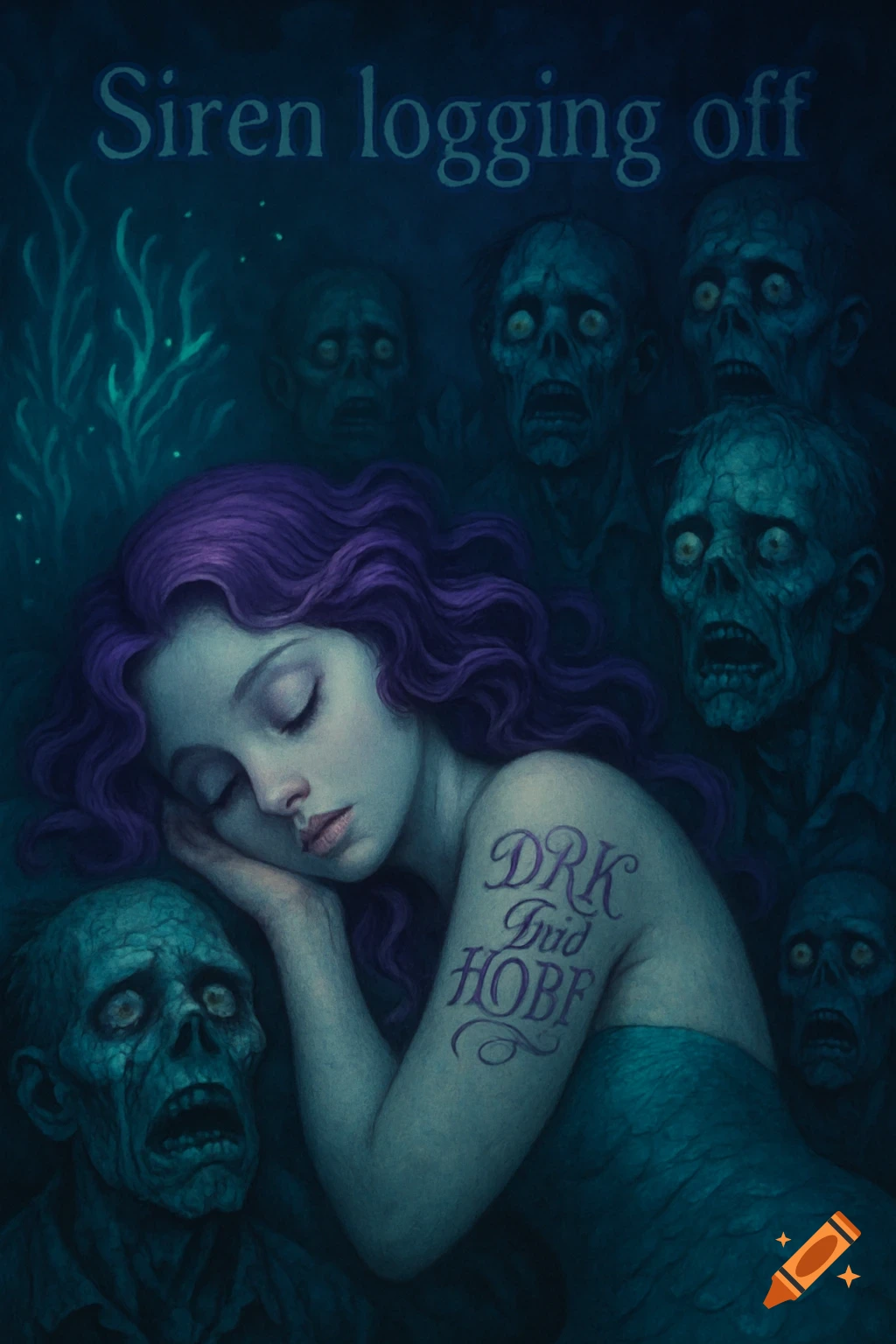 A dark fantasy illustration of a sleeping siren with purple hair and a tattoo, surrounded by many blue-tinged, wide-eyed zombies in the dark depths. Text reads "Siren logging off" at the top.