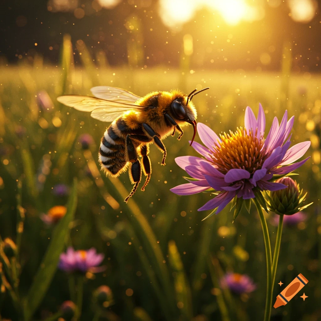 A close-up, photorealistic image of a bee with glowing translucent wings approaching a purple flower in a sunny field.