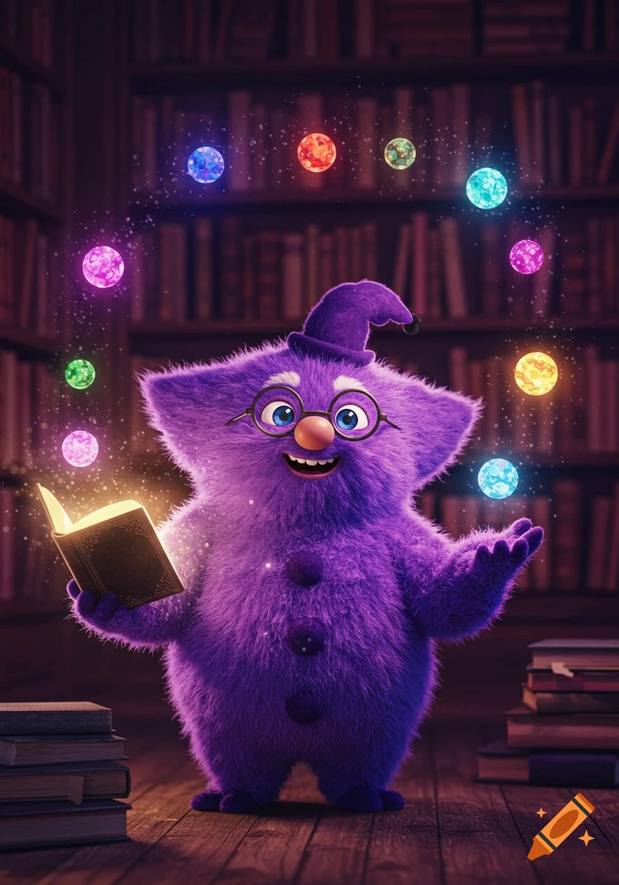 A fluffy purple creature with glasses and a hat holds an open glowing book in a library, surrounded by magical orbs.