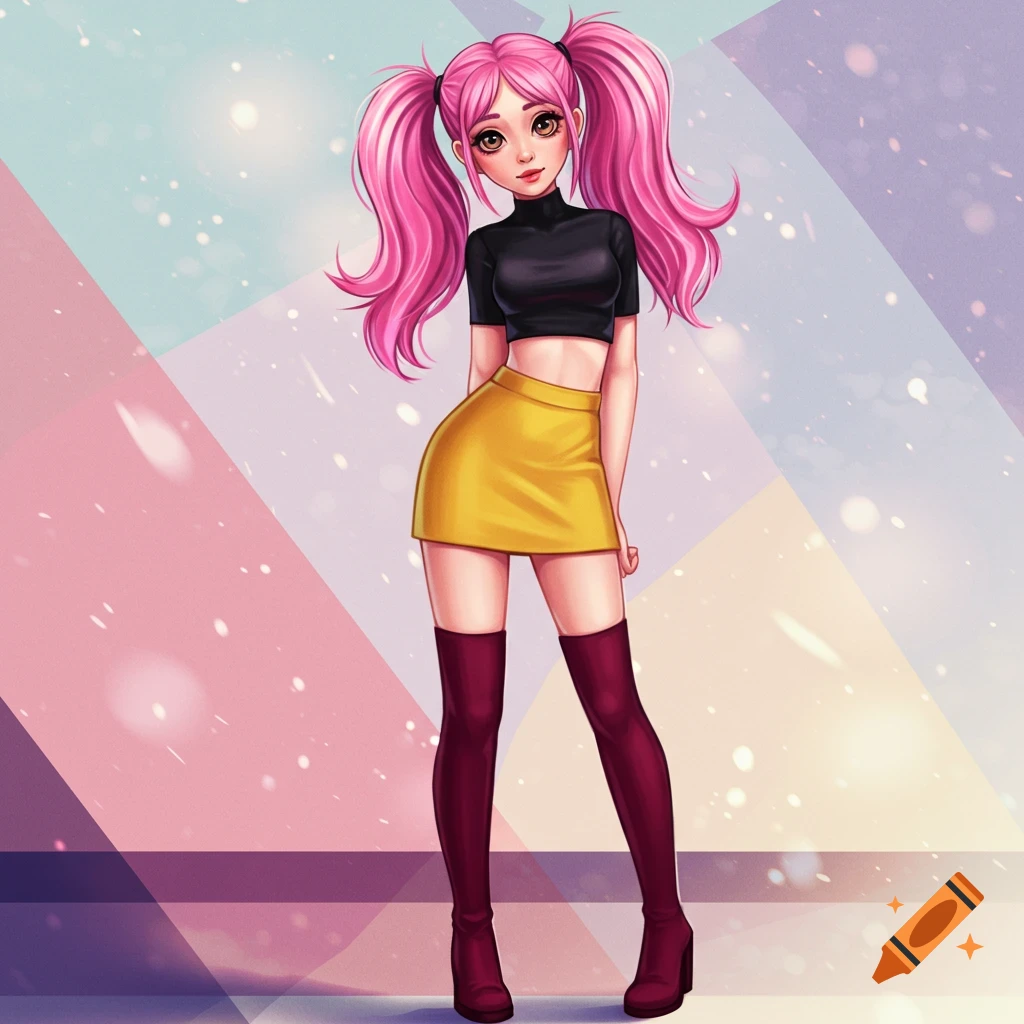 Anime-style illustration of a girl with pink pigtails, black crop top, yellow skirt, and maroon boots.