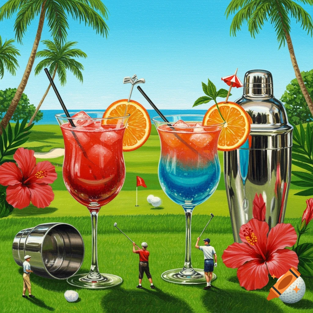 Semi-realistic painting of two large cocktails on a tropical golf course with miniature golfers, golf balls, palm trees, and hibiscus.