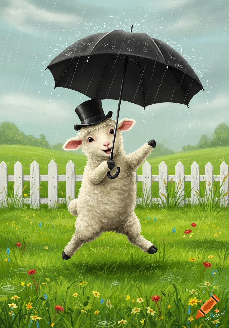 A cute illustrated lamb wearing a top hat holds an umbrella and dances happily in a rainy green field with a white picket fence.