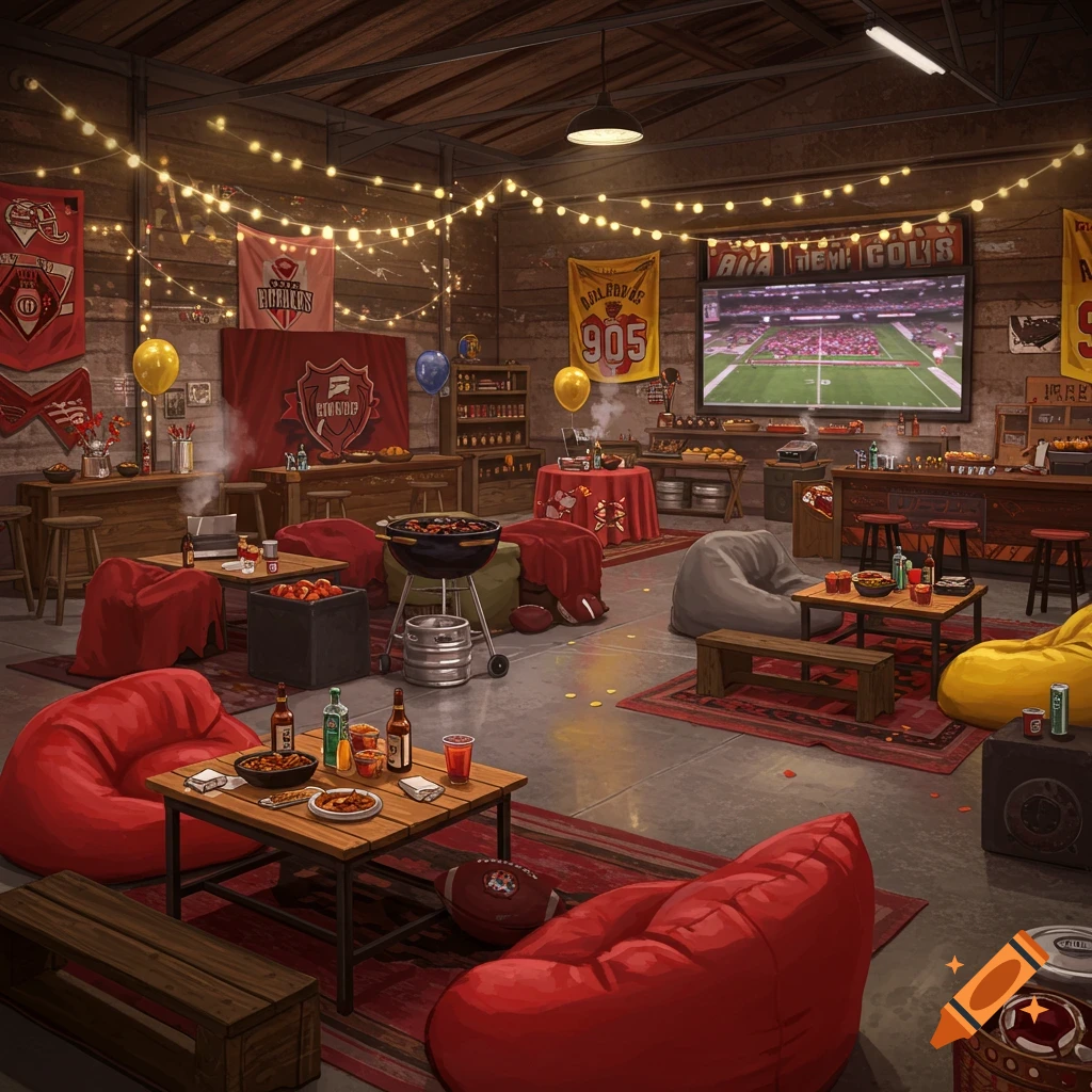 A photorealistic garage interior decorated for a tailgate party, featuring festive lights, a large screen showing football, beanbag chairs, a grill, and food.