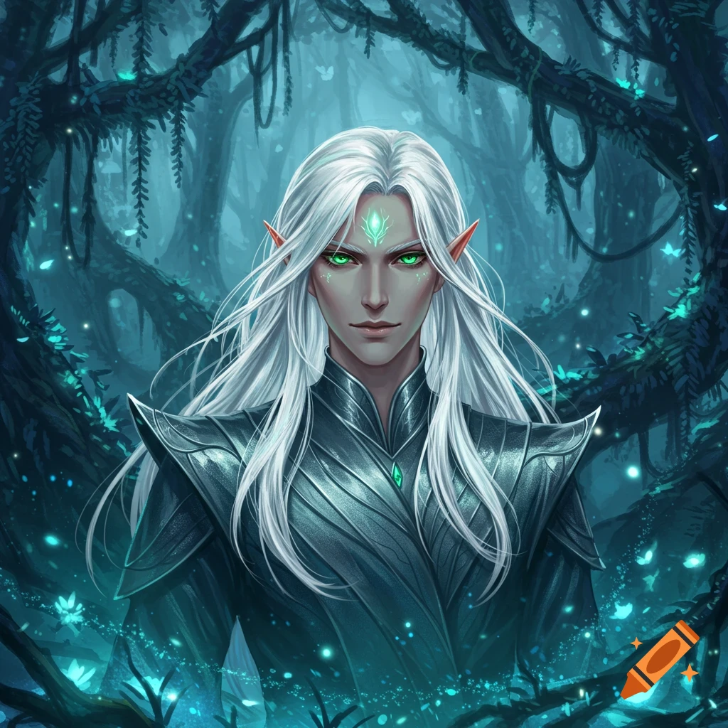 A white-haired, green-eyed fantasy elf man in dark armor stands in a mystical blue forest.