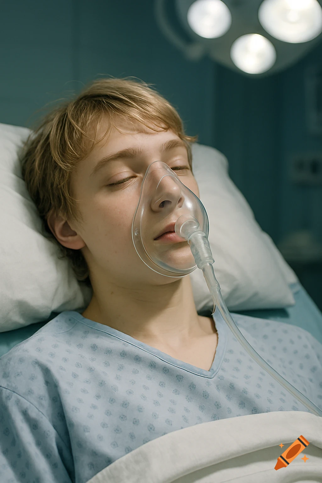 A young person with blonde hair lies on a hospital bed, wearing an oxygen mask.