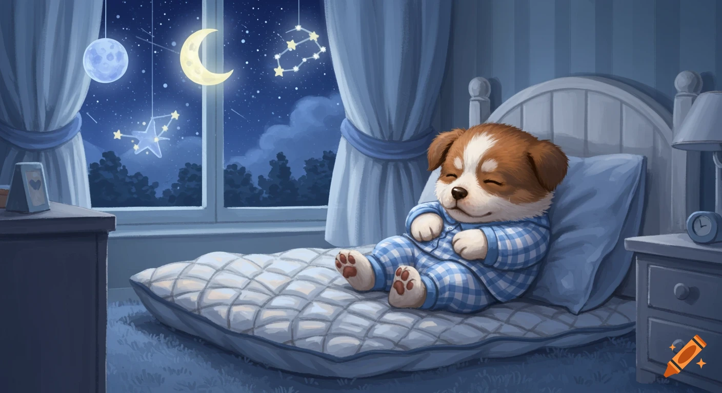 A cute puppy in blue pajamas sleeping soundly on a pillow in a dimly lit bedroom with a moon and stars outside the window.
