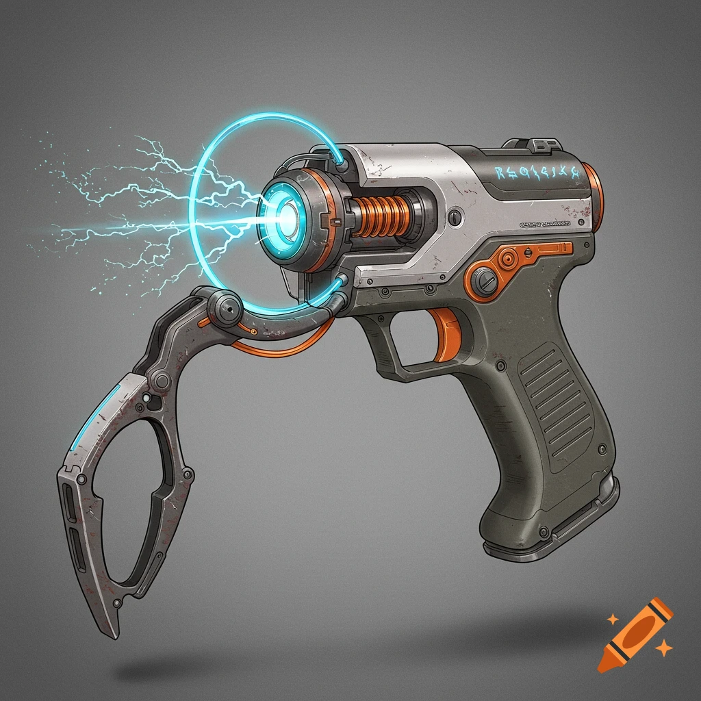 A detailed sci-fi weapon, a grey and orange pistol with a grappling hook arm, glowing blue energy, and electrical sparks.