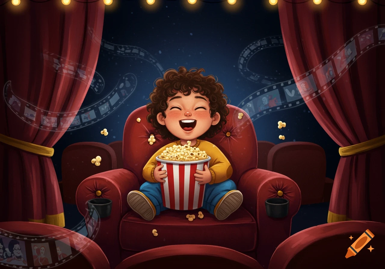 A happy cartoon boy with curly hair laughs while eating popcorn in a red armchair in a movie theater, with film strips floating in the background.