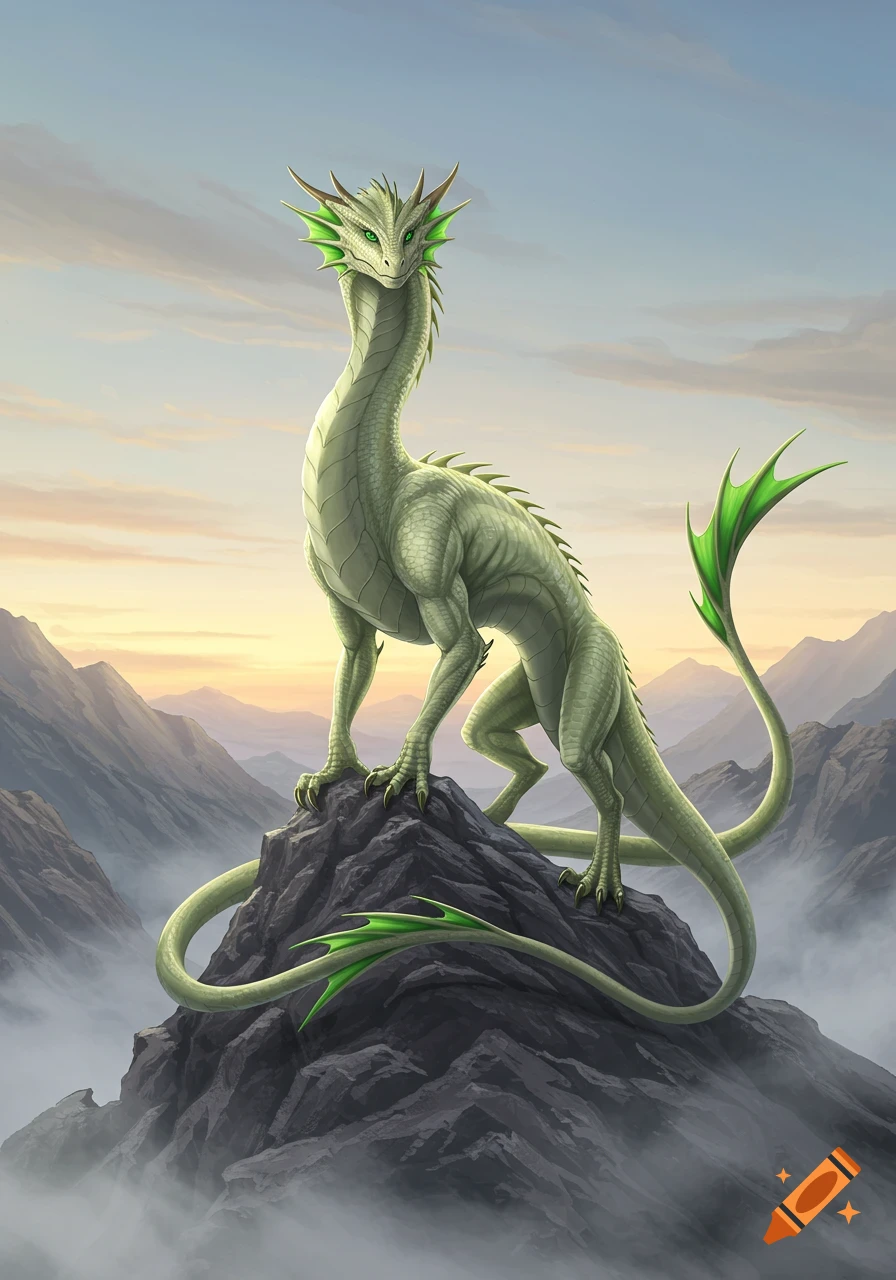 A majestic light green dragon stands on a rocky mountain peak overlooking misty valleys at sunrise.