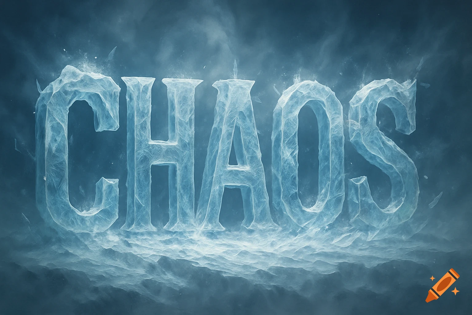 The word CHAOS rendered as frosted, glowing blue ice against a dark, smoky background.