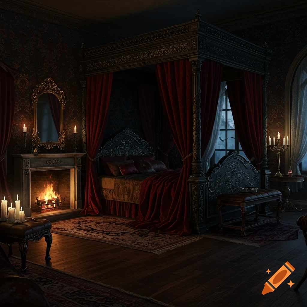 A dark gothic bedroom with a four-poster bed, fireplace, lit candles, and moonlight through a window.
