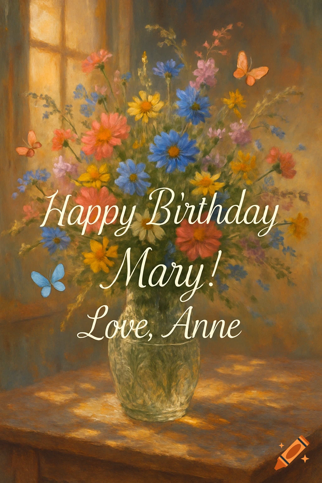 A painting of a colorful flower bouquet in a vase on a wooden table, with two butterflies and text 'Happy Birthday Mary! Love, Anne'.