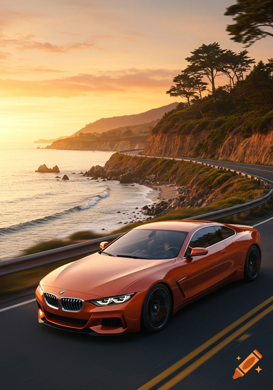A vibrant orange BMW sports car drives along a scenic coastal highway at sunset, with mountains and ocean in the background. Photorealistic style.