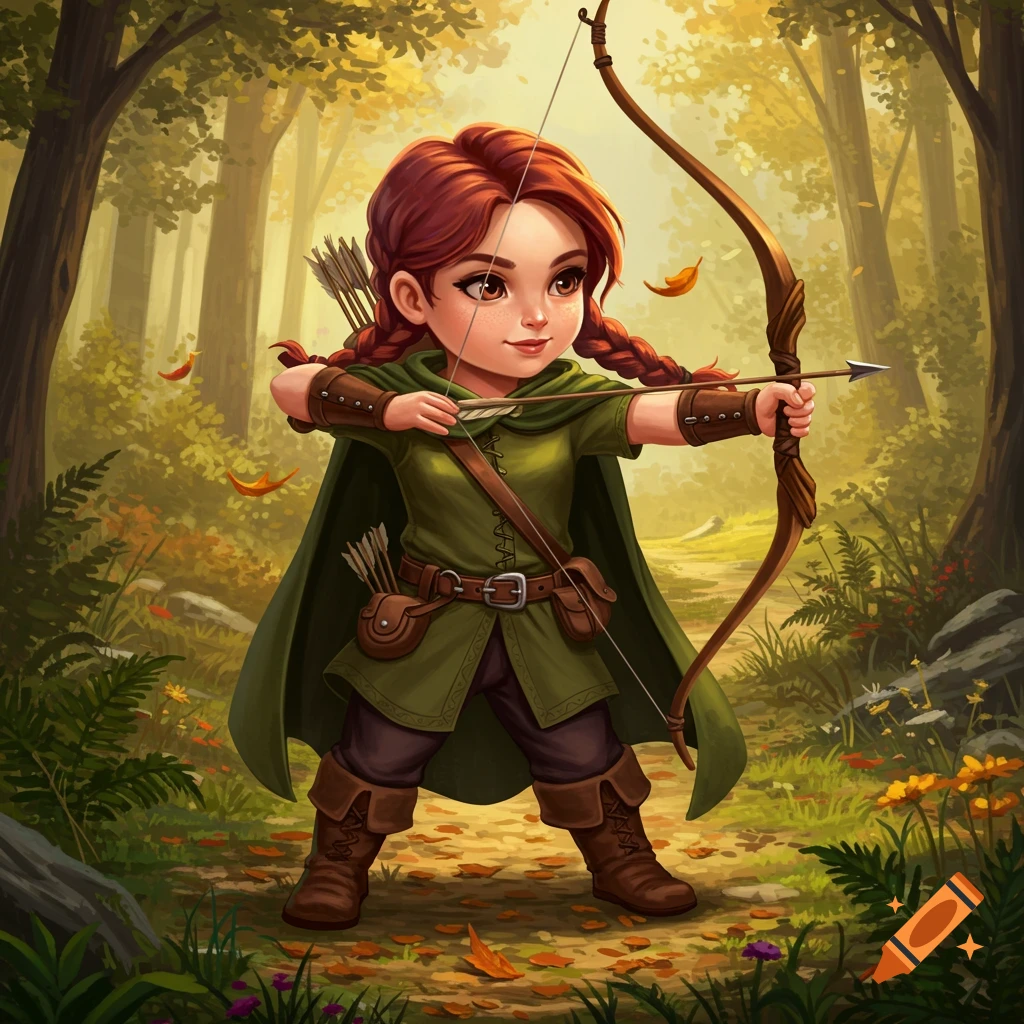 A cute, stylized girl archer with red braids aims a bow and arrow in a sunlit forest, with autumn leaves falling.