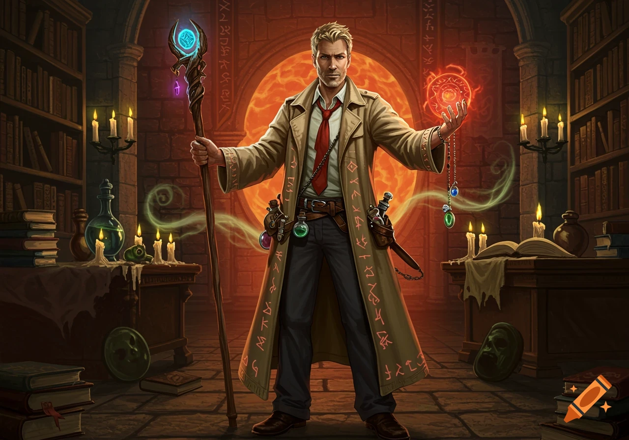 A man resembling John Constantine in a trench coat holds a glowing staff and casts a red spell, standing in a magical library with ancient symbols on the walls.