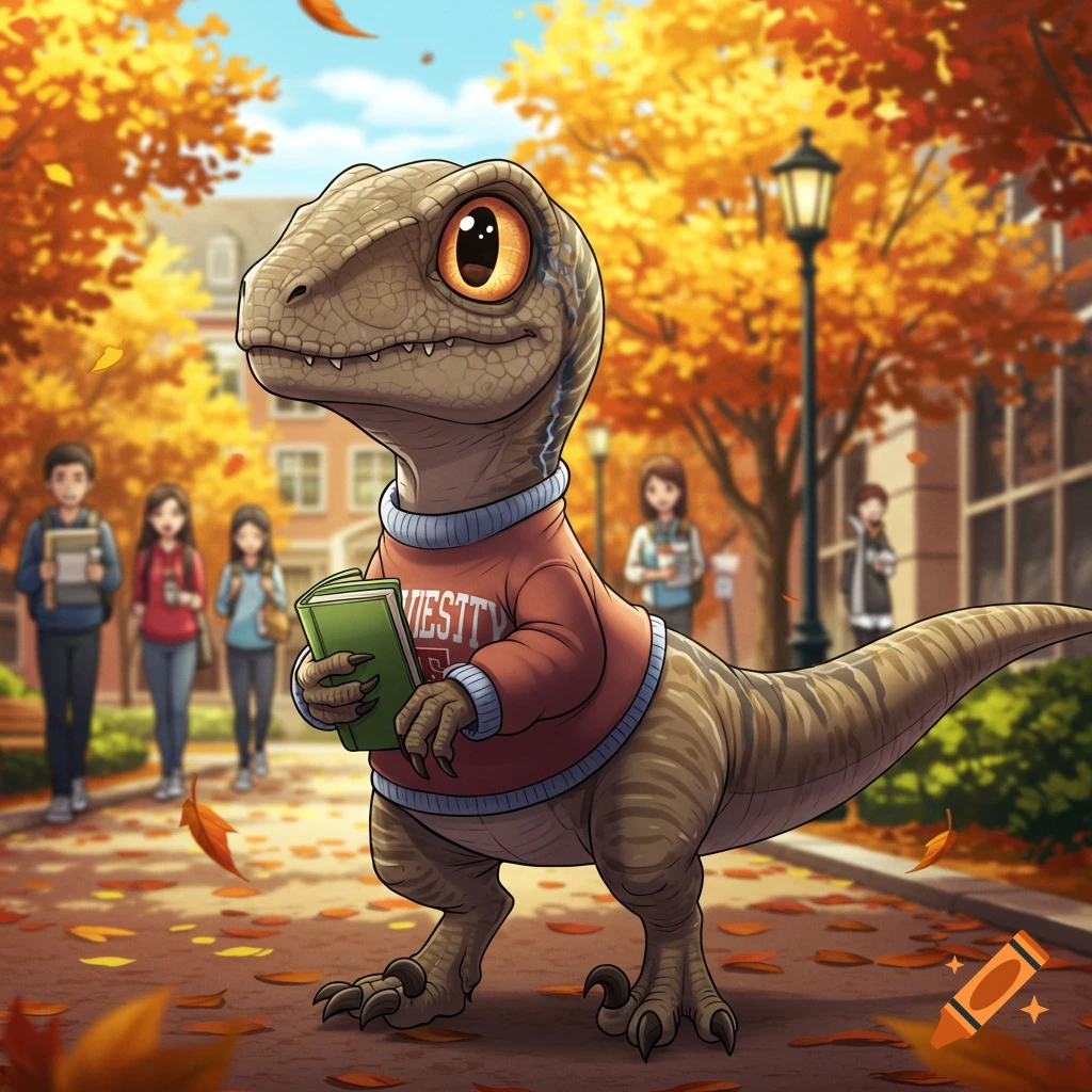 A cute, tiny anime-style raptor wearing an oversized red "VIESTI" sweater holds a green book on a college campus in autumn with falling leaves.