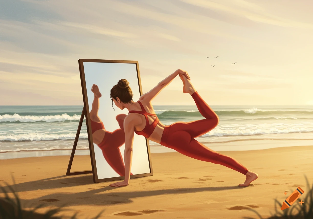 Digital illustration of a woman in red athletic wear doing a yoga pose on a beach, reflected in a mirror. Ocean and golden sunset behind her.