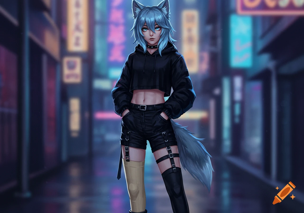 An anime wolf girl with blue hair, wearing a black cropped hoodie and shorts, standing in a neon-lit city alley.
