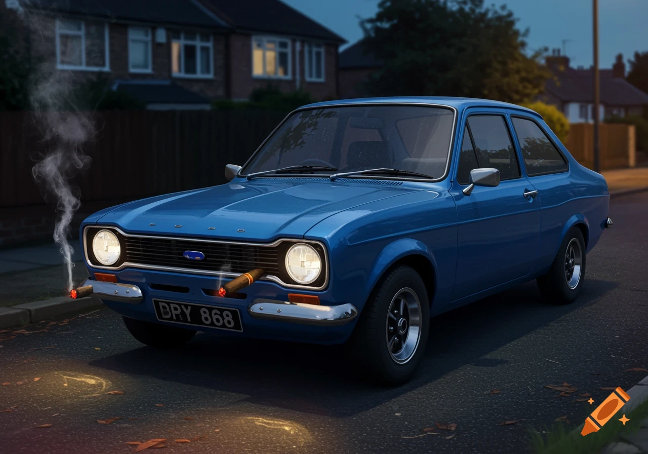 A blue vintage Ford Escort Mk2 parked on a street at dusk, with two lit cigars stuck into its front grille, one smoking.