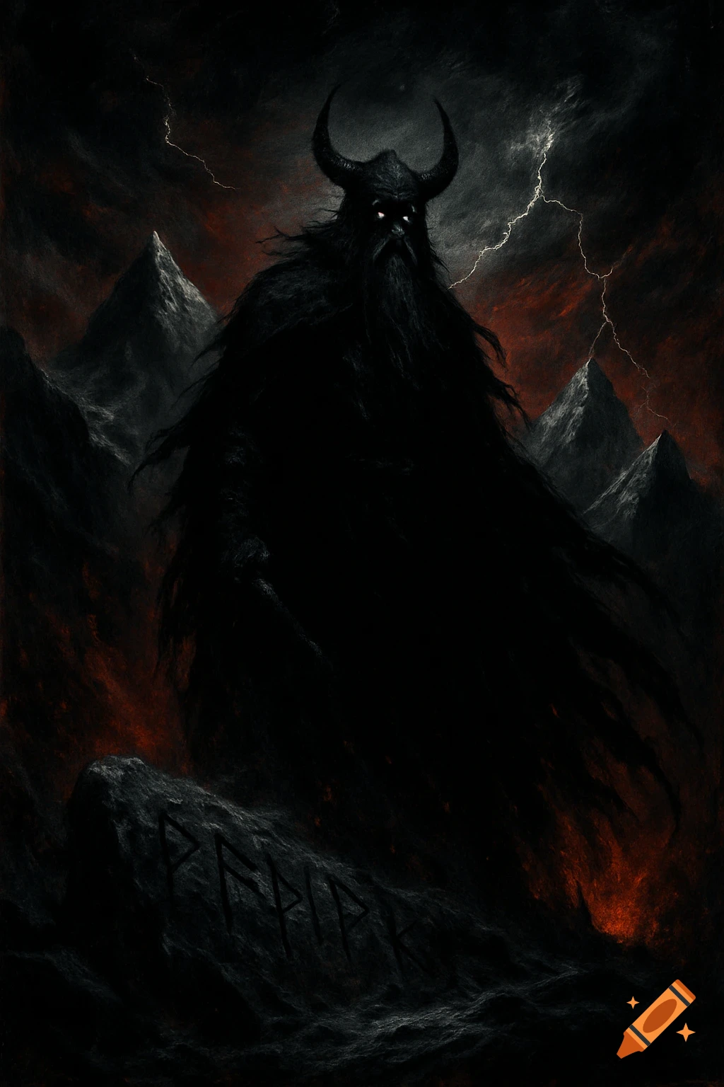 A dark, demonic figure with horns and glowing eyes stands on a mountain in a stormy, volcanic landscape with runes etched into a rock.