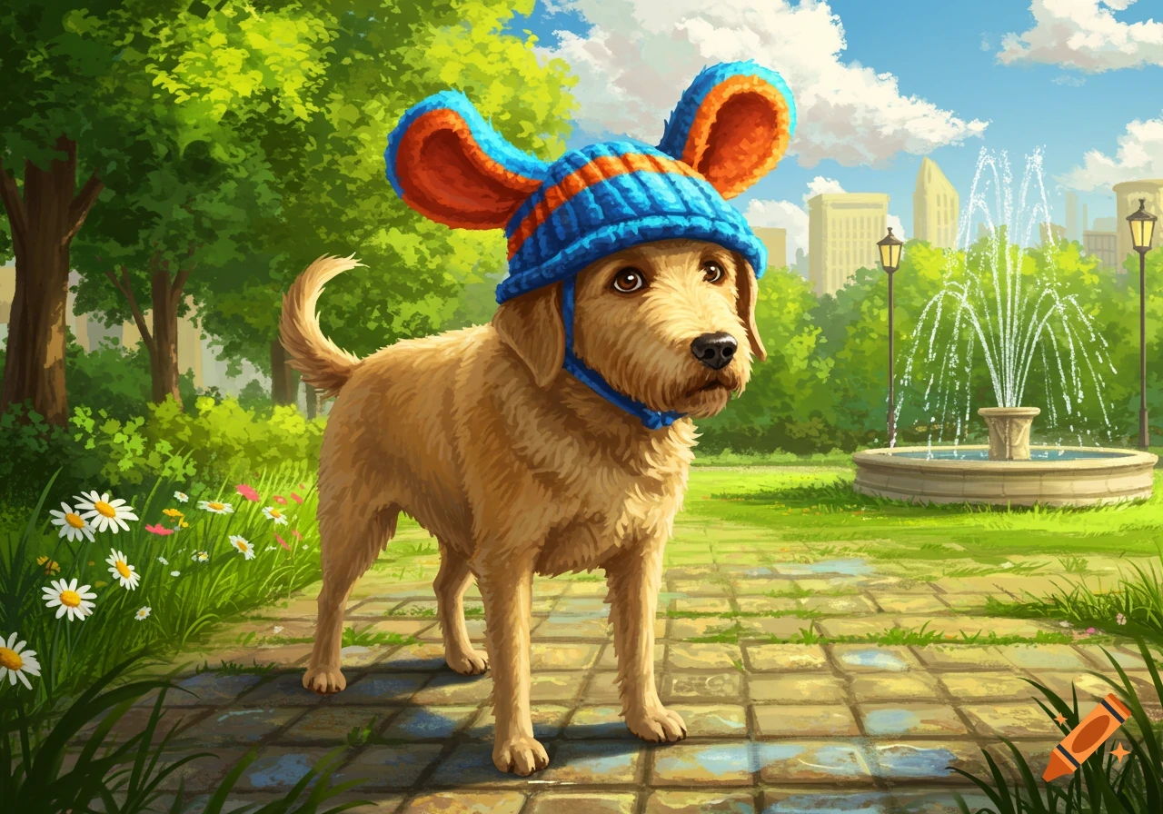 A brown dog wearing a blue and orange hat with large floppy ears stands on a paved path in a sunny park with trees and a fountain.
