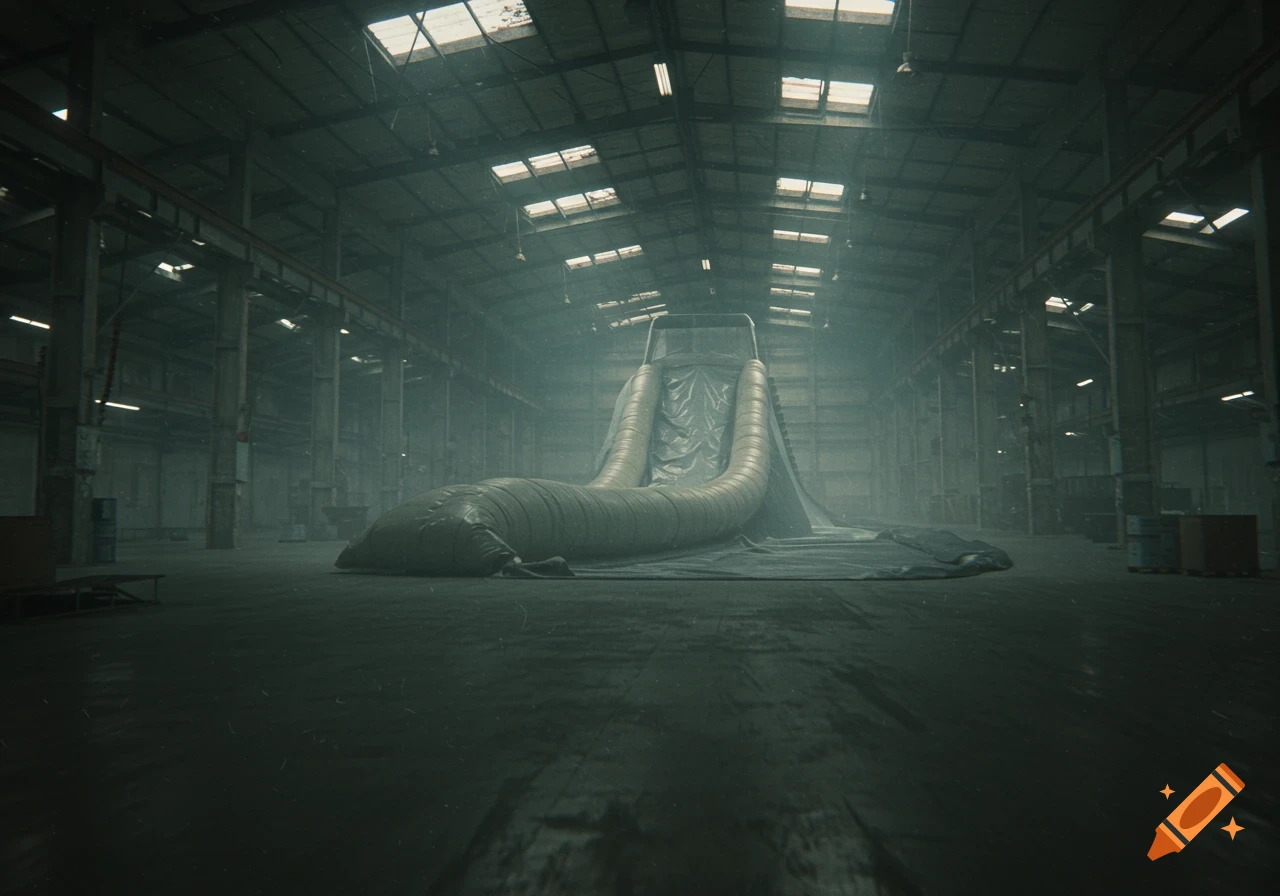 A massive deflated inflatable waterslide rests on the floor of a vast, dimly lit warehouse with skylights.