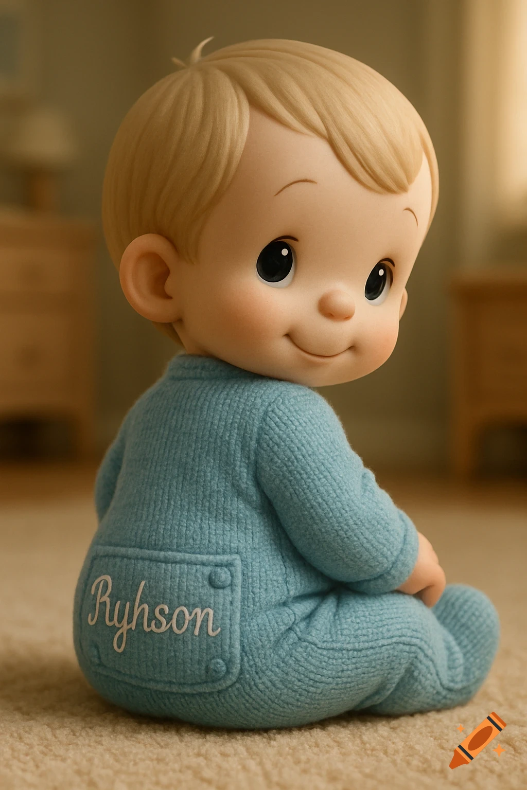 A smiling Precious Moments baby doll wearing blue knitted pajamas with the name Ryhson on the back.
