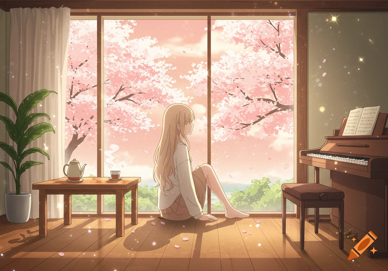 Anime-style illustration of a girl sitting on the floor by a large window, looking out at cherry blossom trees. The room has a plant, a tea set, and a piano.