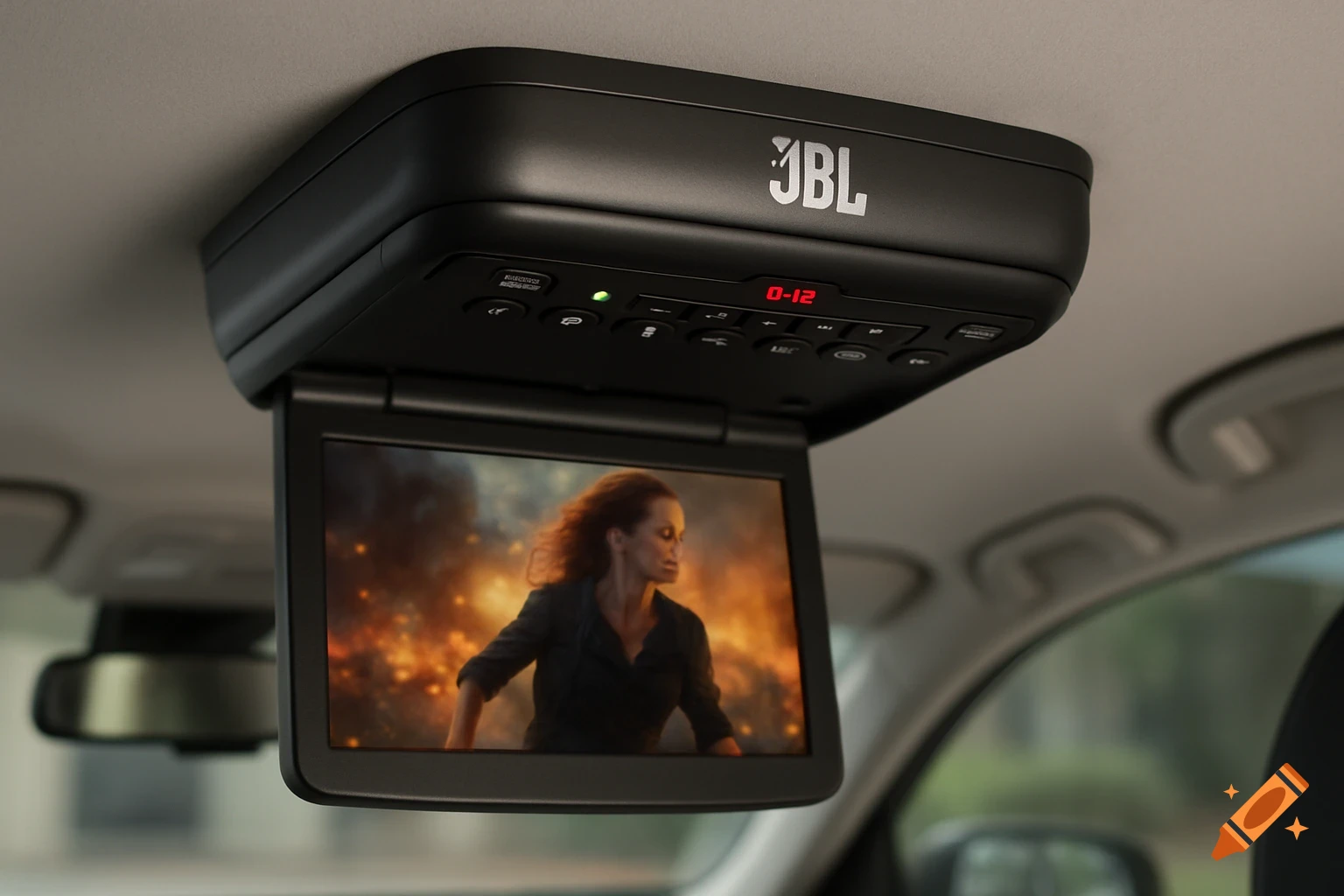 An overhead JBL DVD player is mounted in a car interior, displaying a movie scene with a woman in an explosive background.