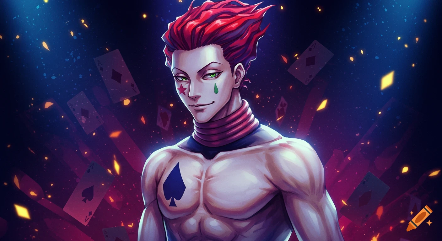 A shirtless anime man with red spiky hair and distinct facial markings stands against a dark background with floating playing cards.