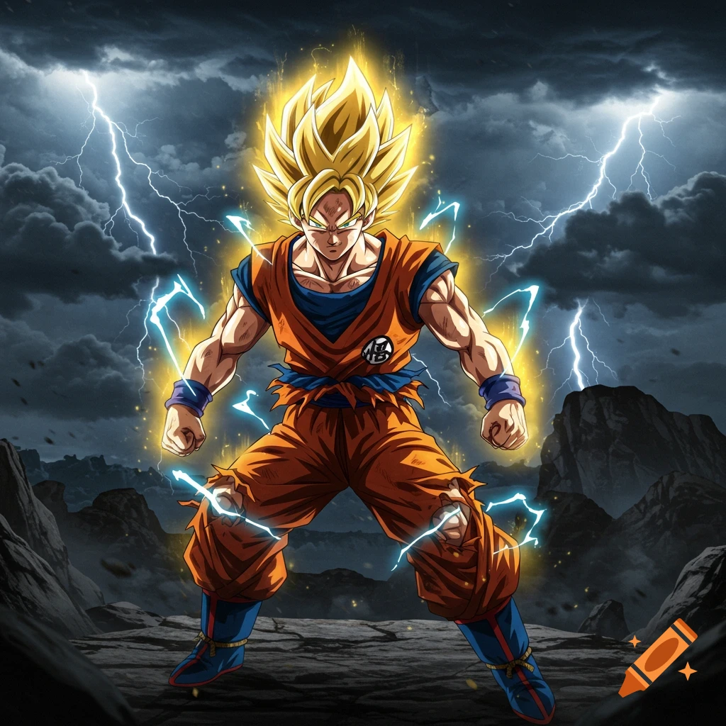 Goku as Super Saiyan with glowing aura and lightning in a stormy, rocky landscape.
