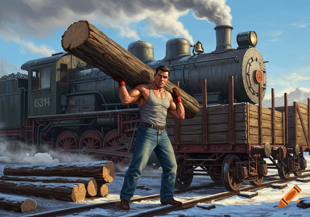 Muscular man carrying a large log on his shoulder in front of a steam train and logs in a snowy, painterly landscape.