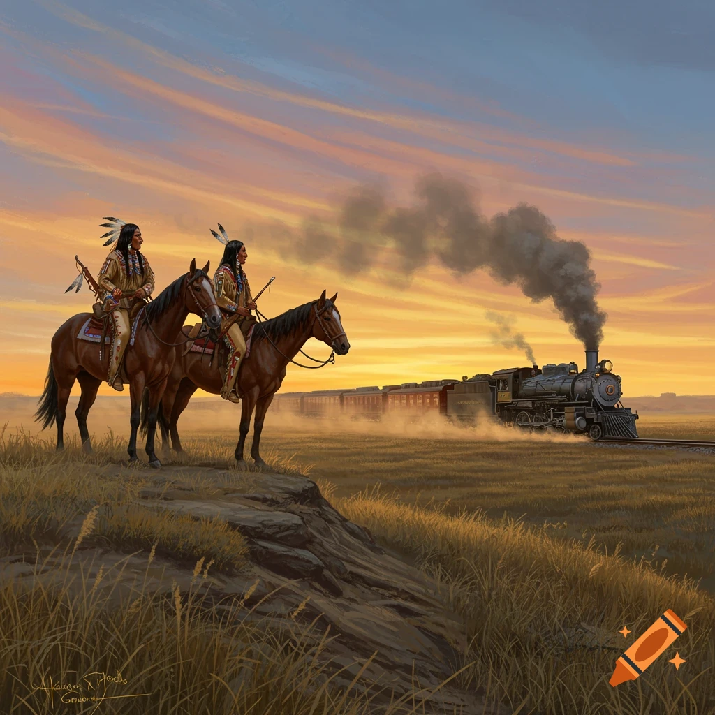 Two Native American warriors on horseback watch a steam train pass through plains at sunset, in a painting style.