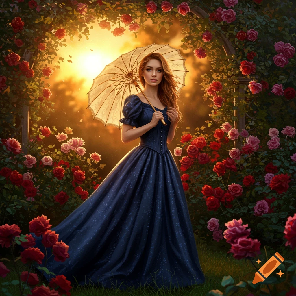 A woman in a flowing blue gown holds a parasol, standing amidst a vibrant rose garden bathed in the warm glow of sunset.